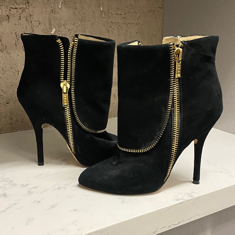 Bebe Black Suede Ankle Boots with Gold Zipper